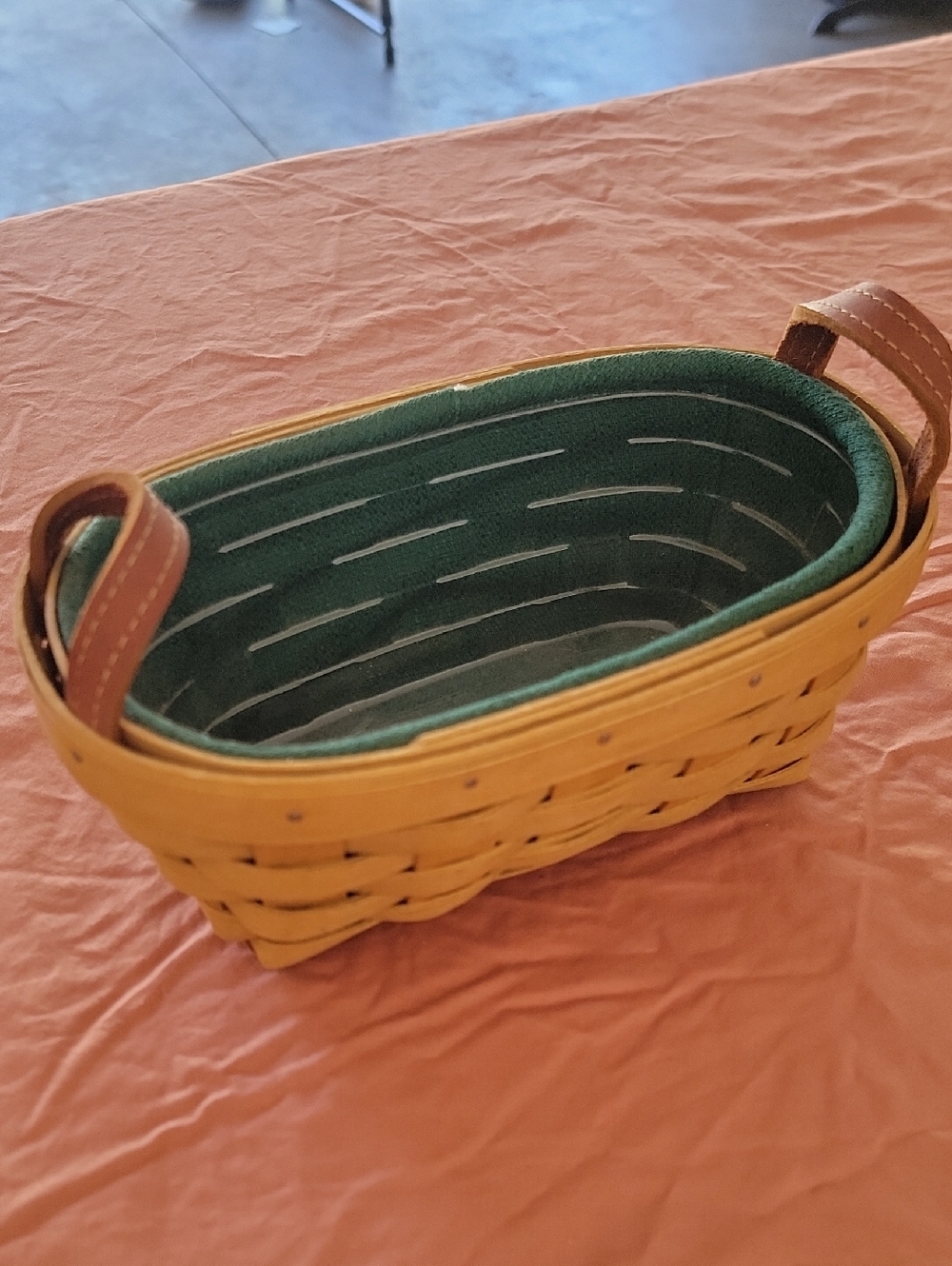 Longaberger Knick Knack Warm Brown Stain Oval Basket~Sage Liner~Protector~Rustic